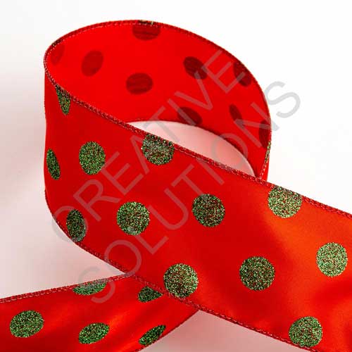 6611-XMAS - Red With Green Glitter Dots/Baubles - Satin Wired Edge Ribbon